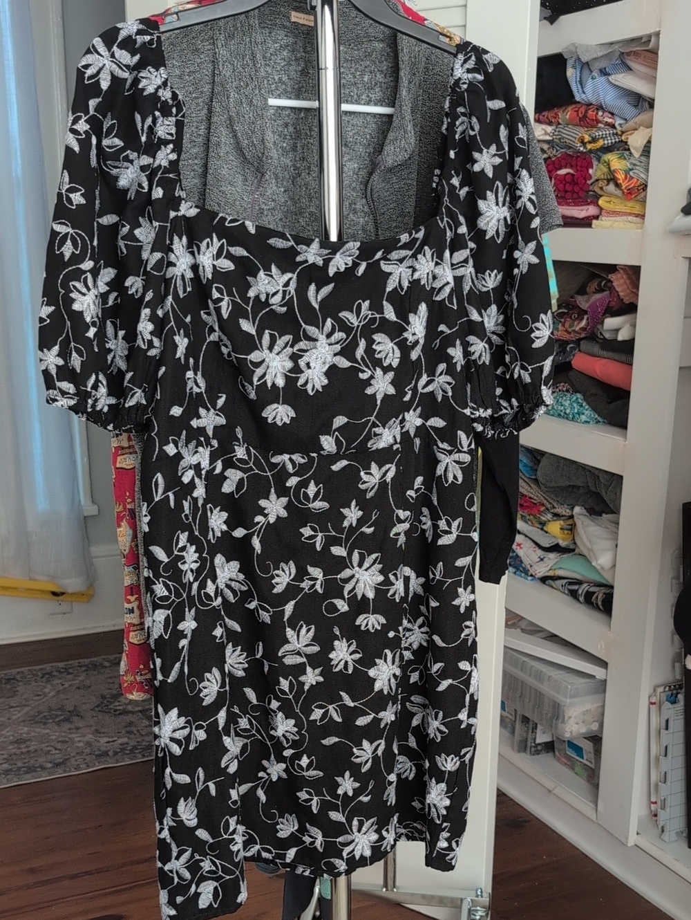 Blue Rain Black Midi Dress with White Floral Embroidery